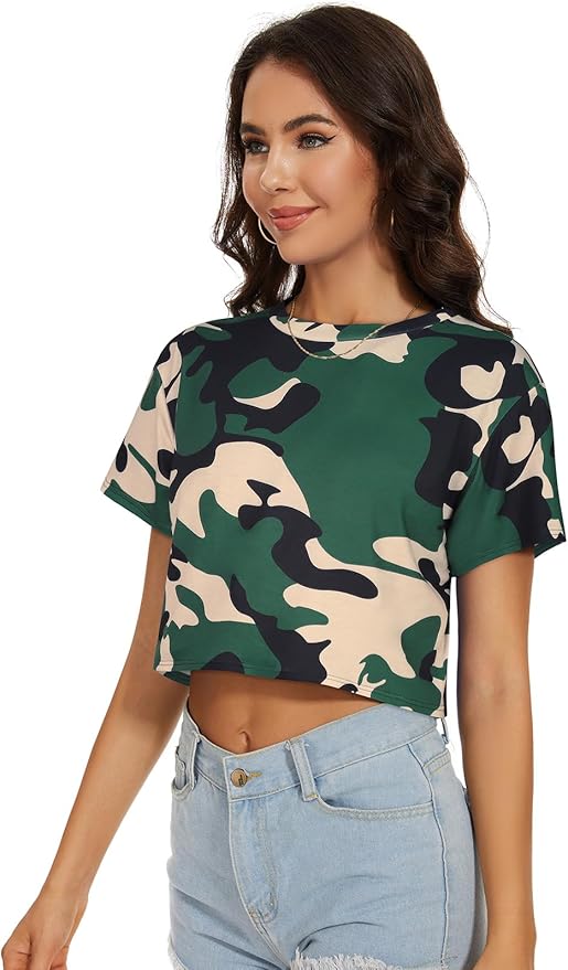 Womens Summer Crop Tops Short Sleeve Round Neck T-Shirts Loose Fit Casual Blouse