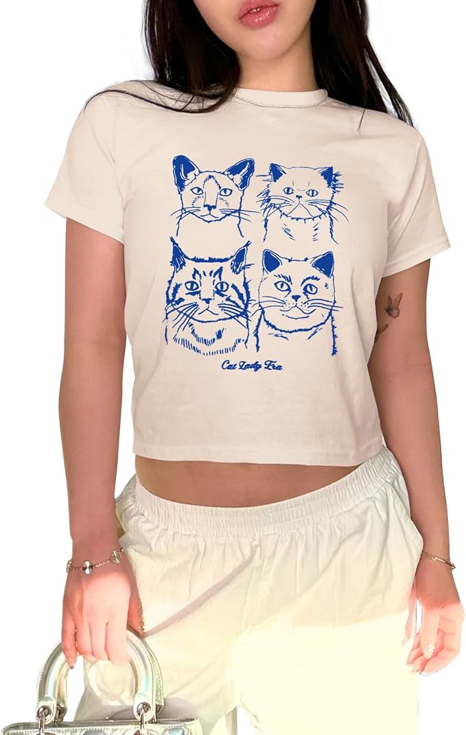 Y2k Baby Tees for Women Cute Cat Lady Era Graphic Grunge Crop Tops Vintage T Shirts Retro Aesthetic Tee Top