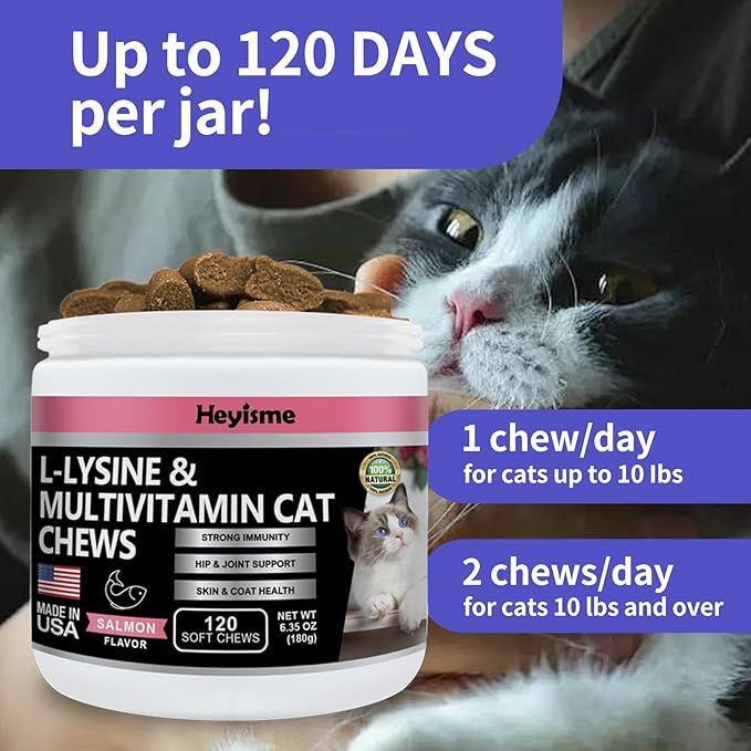 Lysine Supplement for Cats, Cat Treats for Sneezing and Runny Nose, Cat Cold, Cat Immune Support, Eye Function, and Respiratory Health, L-Lysine cat Vitamins for Cats (120 Pills, Salmon)