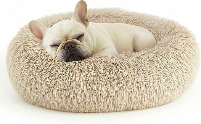 Deconovo Calming Donut Dog Bed, Washable Plush Round Pet Bed for Small Dogs & Cats with Raised Rim, Non-Slip Base and Soft Faux Fur—Lightweight, Easy-Care Design Beige 30" L x 30" W x 8" Th