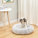 Bedfolks Calming Donut Dog Bed, 23 Inches Round Fluffy Dog Beds for Small Dogs, Machine Washable Anti-Anxiety Plush Puppy Bed（Light Grey, Small）