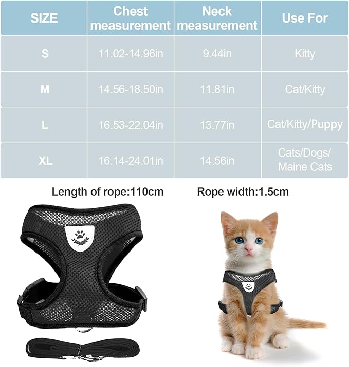 shudyear Summer cat Chest Harness and Leash, Anti-Escape Adjustable Soft mesh cat Leash and Chest Harness Set for All Types of Cats cat Vests (Size S,Black)