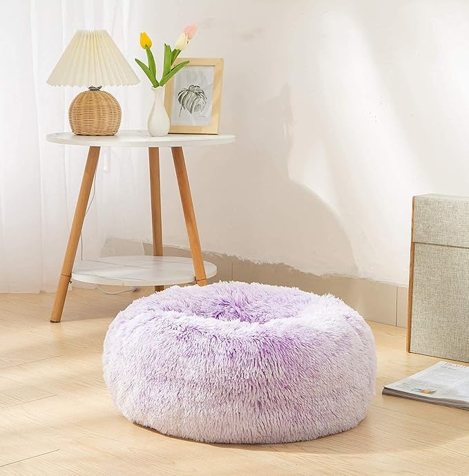 Calming Donut Dog Bed XL, Plush Round Cuddler Dog & Cat Bed, Anit-Anxiety Marshmellow Fluffy Faux Fur Cushion(32", Purple)