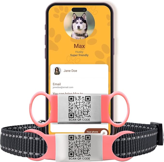 Smart Slide-On QR Code Pet Tag – Silent Dog & Cat ID Tag with Laser Engraving – Stainless Steel & Silicone – No App Needed – Custom Pet Profile – Fits Most Collars (Light Pink, Large)