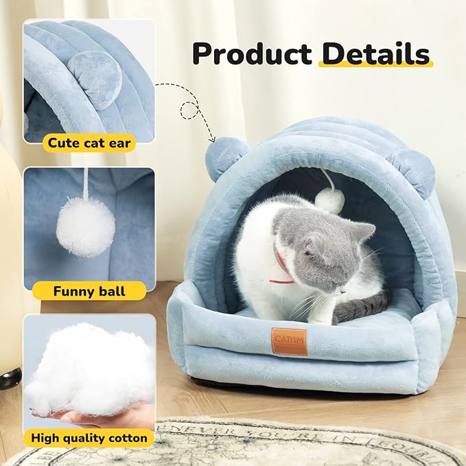 Cat Bed for Indoor Cats, Cat Cave with Reversible Cushion Pillow for All Season, Cat Beds for Indoor Cats, Kitty and Small Dogs, Soft Premium Cotton Cat Bed with Anti-Slip Bottom