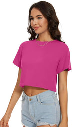 Womens Summer Crop Tops Short Sleeve Round Neck T-Shirts Loose Fit Casual Blouse
