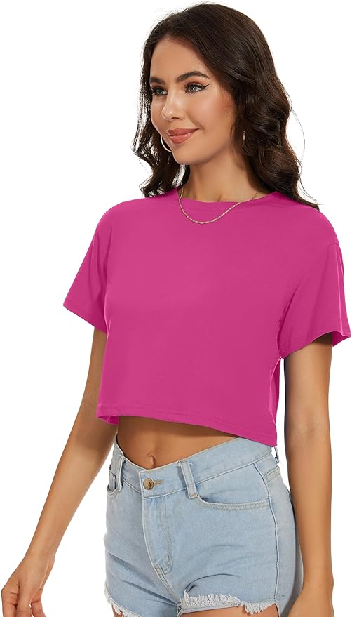 Womens Summer Crop Tops Short Sleeve Round Neck T-Shirts Loose Fit Casual Blouse