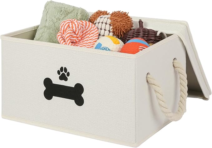 Dog Toy Basket with Lid, Dog Basket for Toys, Dog Toy Box with Cotton Rope Handles, Collapsible Storage Bins for Dog Toys, Dog Storage Organizer, Beige