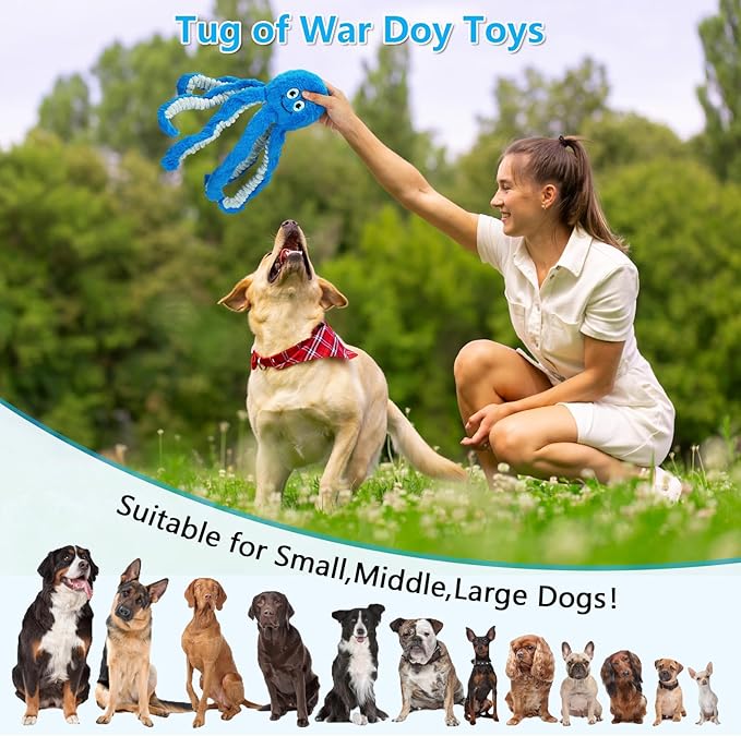 Dog Toys with Crinkle Paper- Octopus Stuffed Dog Squeak Toy Interactive Tug of War Puppy Toys for Small, Medium, Large Dogs