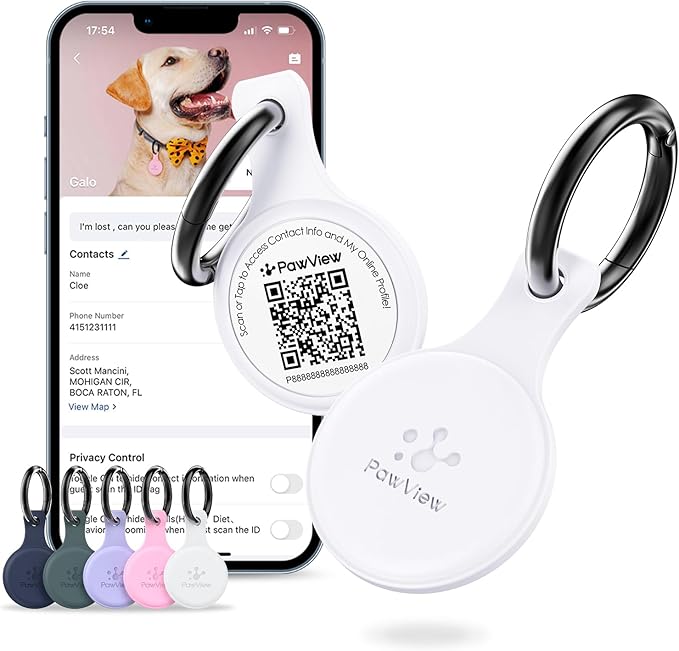 Dog ID Tag with QR Code & NFC, Silent Silicone Dog Name Tags Personalized for Pets- Scan QR for Instant Location Alert, Emergency Contact and Modifiable Pet Profile (White)