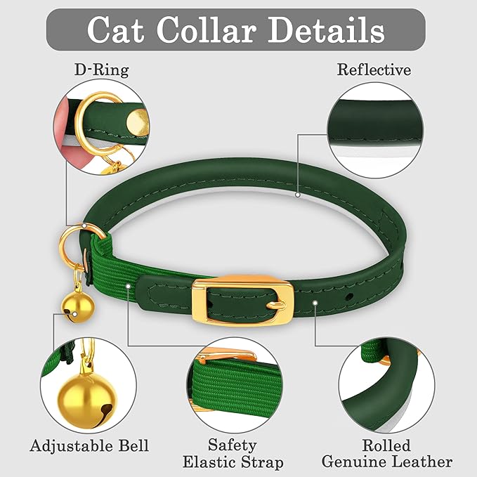 OOPSDOGGY Rolled Leather Cat Collar with Bell - Reflective Kitten Collar with Safety Elastic Strap - Adjustable Small Pet Collars for Boy Girl Cats (Green)