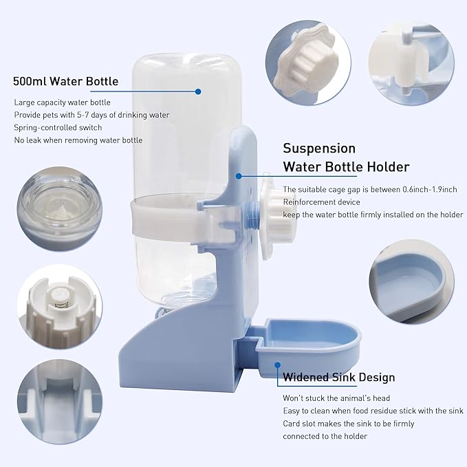 Rabbit Water Bottle Suspension Water Dispenser for Mini Pet Bunny Guinea Pig Chinchilla, 500ml Automatic Water Bottle by Gravity Flow Supply, Prevent Overflow, BPA Free (Blue)