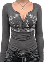 Xineicy Women's Y2K Long Sleeve Henley Tops Casual T-Shirts for Women Slim Fit Vintage Graphic Crop Tops