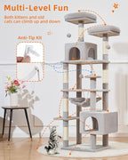 Taoqimiao Cat Tree, 68-Inch Cat Tree Cat Tower for Indoor Cats, Plush Multi-Level Cat Condo with 6 Scratching Posts, 2 Perches, 2 Caves,Hammock, 3 Pompoms,MS020SW Light Gray