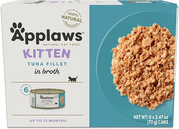 Applaws Natural Wet Kitten Food, Limited Ingredient, Grain-Free, Protein with No Artificial Additives, Tuna Fillet in Broth (6 x 2.47oz Cans)