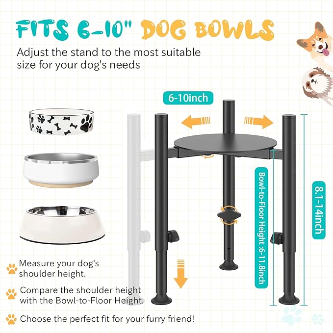 Adjustable Dog Bowls Elevated Stand, 4 Heights, Wide 6-10", Oppro Metal Raised Tall Single Dog Food Bowl Stands Holder, Upgrade Lifted Water Feeder with Tray for Medium Large Small Breed, Black