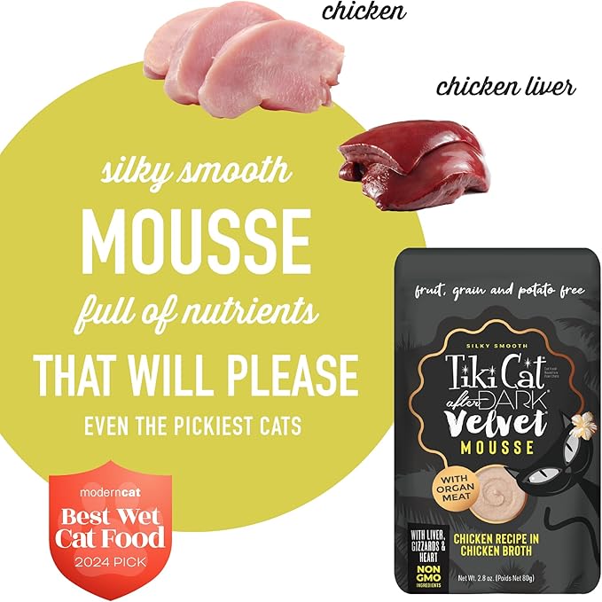 Tiki Cat After Dark, Velvet Mousse, Chicken Recipe in Chicken Broth, Grain & Potato Free Formula, with High Protein & Nutrient Dense Blended Irresistible Organ Meat, 2.8 oz. Pouch (12 Count)