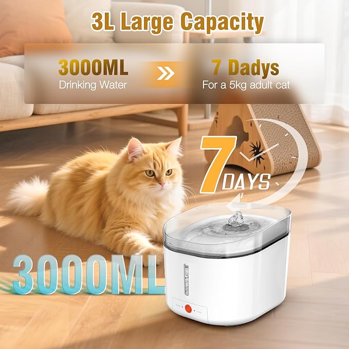 Sharper Image Water Fountain for Cats with UV Light, 3L Quiet Pump Cat Water Fountain, Five Layers Filtration System Cat Drinking Fountain Power Adapter, 3pcs Replacement Filter Sponges