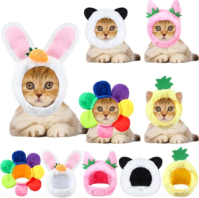 Weewooday 5 Pcs Cat Adorable Costume Bunny Hat with Ears Funny Mane Cat Hat for Pets and Small Dogs Kitten Puppy Party Costume Accessory Headwear(Panda, Rabbit, Pineapple, Strawberry, Flower)