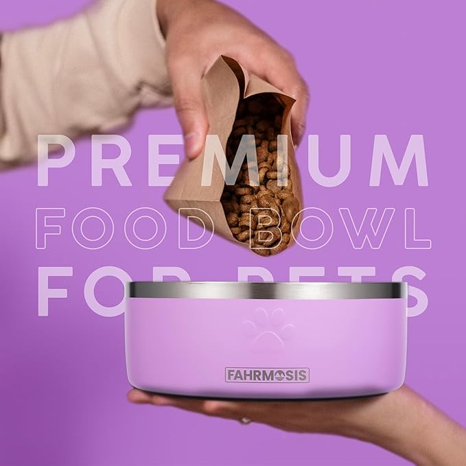 64 OZ Dog Bowl with Slow Feeder Insert Stainless Steel Pet Water Bowl for Medium & Large Breed Non Slip Rubber Base & Plastic Puzzle Feeder - Lavender