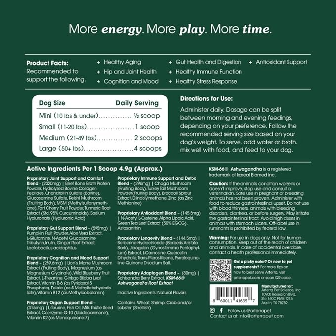 Adult Dog Powder Supplement & Food Topper – 46 Ingredients for Gut, Immune & Brain Health – Daily Longevity Multivitamin for Whole Body Wellness | 120 Scoops