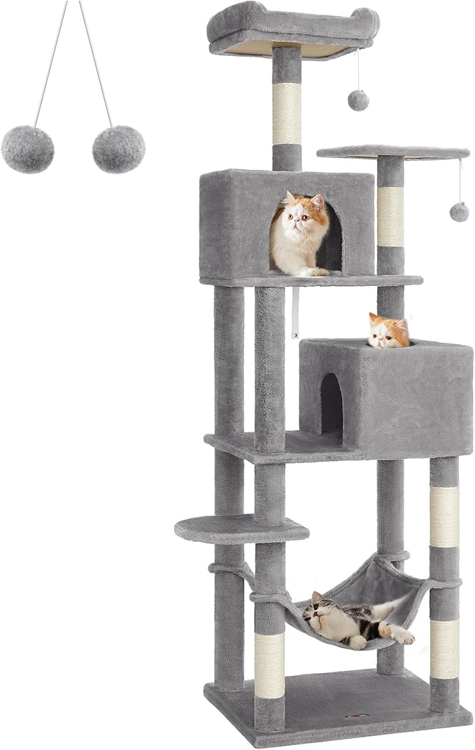 Feandrea Cat Tree, 75.2-Inch Cat Tower for Indoor Cats, Plush Multi-Level Cat Condo with 5 Scratching Posts, 2 Perches, 2 Caves, Hammock, 2 Pompoms, Light Gray UPCT191W01