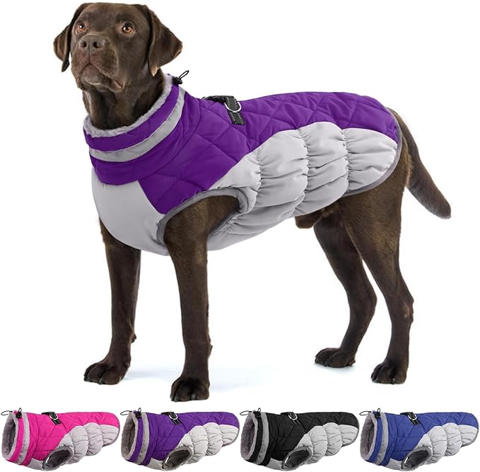Large Dog Coat, XXLarge Dog Winter Coat, Waterproof Pet Jacket with Back Zipper,Extra Large Pet Coats, Warm Fleece Jacket with D-Ring, Windproof Winter Clothes Golden Retriever,Purple,XXL