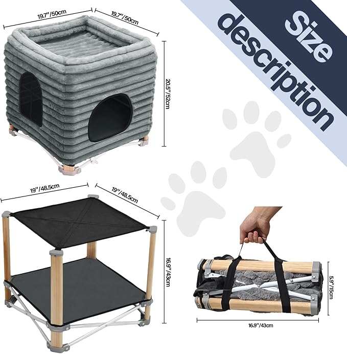 Pozico 2-Tier Collapsible Cat Beds & Furniture, 2 Layer Pine Construction Cat Hammocks, Cat Houses for Indoor Cats, Cat Bed Cave for Multiple or Large Cats up to 30 lbs, All-Season Comfort-Grey-S