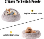 Round Hooded Cat Bed & Dog Bed with Cover Cave, Dog Bed for Small Dogs, Faux Fur Cuddler Round Coved Cat Bed Self Warming Donut Dog Bed Fits up to 22 lbs Pets(Coffee, 24inch x 24inch)