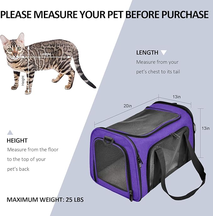 Large Cat Carriers Dog Carrier Pet Carrier for Large Cats Dogs Puppies up to 25Lbs, Big Dog Carrier Soft Sided, Collapsible Travel Puppy Carrier - Large - Purple