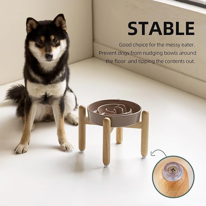 7.3inch Ceramic Raised Slow Feeder Dog Bowl Set, Elevated Wooden Stand for Medium and Small Dog, Puzzle Slow Food Dish, Preventing Choking(Brown Coffee, Single Bowl+ Stand)