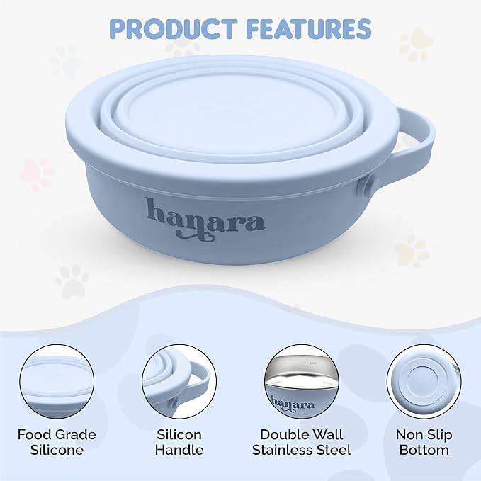 2-in-1 Insulated Dog Bowl with Collapsible Lid & Handle – Stainless Steel, Non-Slip Rubber Base – Portable Pet Water & Food Bowl for Dogs & Cats – 30 OZ + 20 OZ – Indoor & Outdoor (Blue)