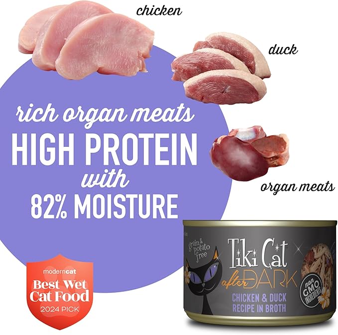 Tiki Cat After Dark, Chicken & Duck, High-Protein and 100% Non-GMO Ingredients, Wet Cat Food for Adult Cats, 5.5 oz. Cans (Pack of 8)