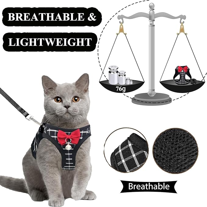 Cat Leash and Harness Set,Breathable Dog Harness,Pet Harness,Adjustable Mesh cat Harness and Leash Escape Proof for Puppy Cat Rabbit (Black, XS)