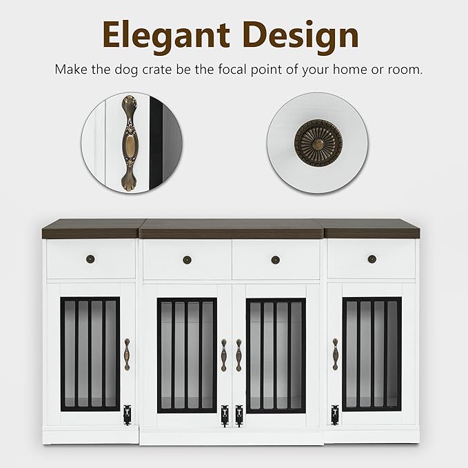 MCombo Wooden Dog Crate Furniture with 4 Drawers and 4 Lockable Doors, Pet Kennel TV Stand for Medium/Large Dogs 1872 (White and Brown)