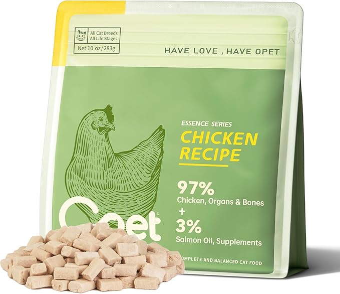 OPET Freeze Dried Cat Food, Chicken & Salmon Oil Recipe, Complete & Balanced Meal or Topper, Premium, Healthy, Grain Free, High Protein Raw Cat Freeze Dried Treats (10 oz, Chicken)