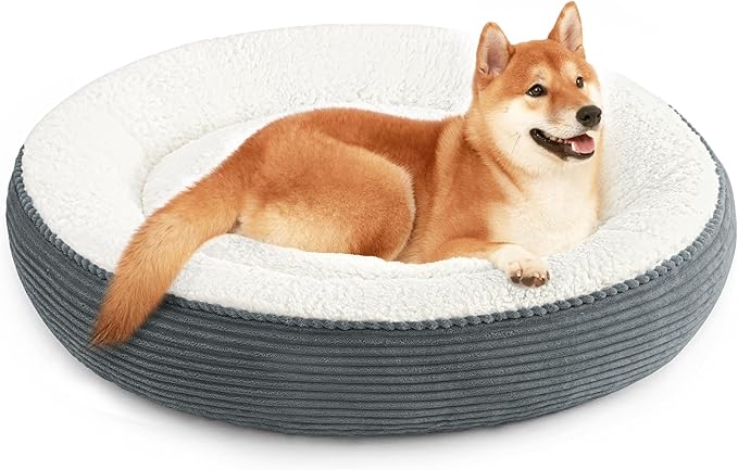 Love's cabin Round Donut Cat and Dog Cushion Bed, 36in Pet Bed for Cats or Small Dogs, Anti-Slip Water-Resistant Bottom, Super Soft Durable Fabric Pet beds, Washable Cat Dog Bed Stripe Bluish Grey