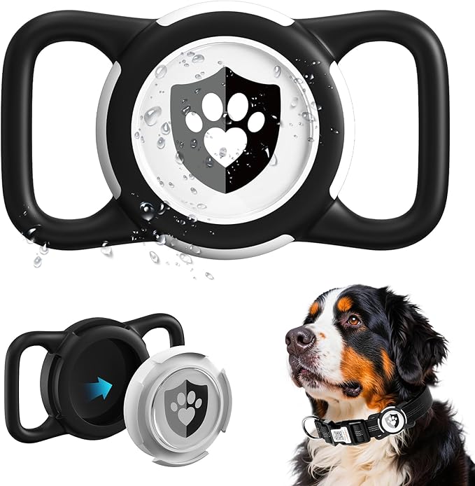 Waterproof for AirTag Dog Collar Holder, Silicone Air tag Holder for Cat & Dog Collars, Ultra-Durable, Lightweight Case (Medium, Black)