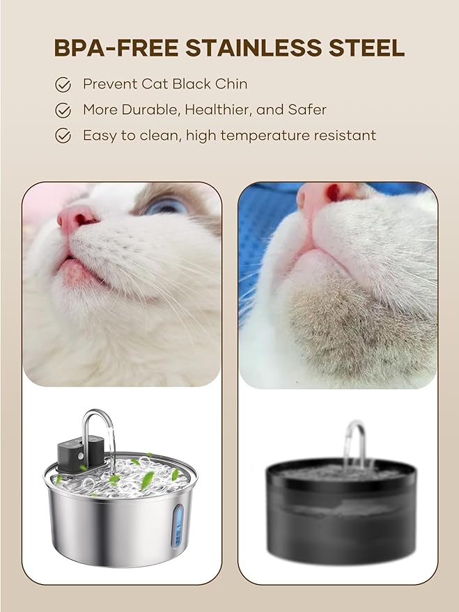 Wireless Cat Water Fountain 10Pcs Filters - 108oz/3.2L Automatic Cat Water Fountain Cordless, Stainless Steel Battery Operated Pet Fountain Rechargeable Water Dispenser for Cats, Dogs, Multiple Pets