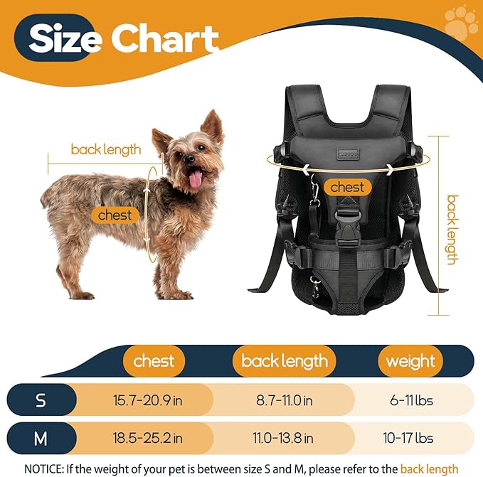 Dog Front Carrier Backpack, Legs Out Secure-Fit Pet Chest Carrier for Small Dogs (6-17 lbs), Adjustable Pet Carriers with Safety Belt, Hands Free Dog Backpack Carriers for Hiking Cycling (S, Black)