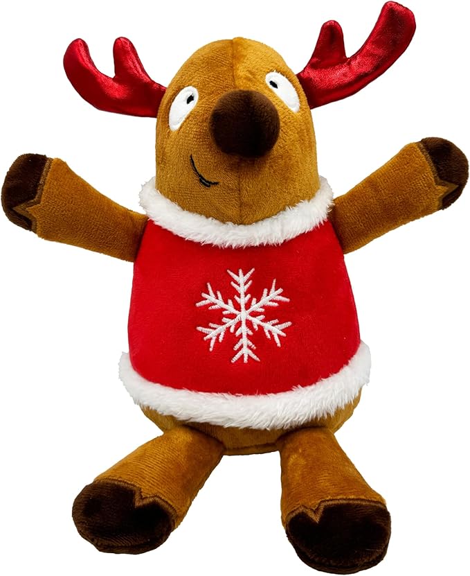 Huxley & Kent Funny Dog Toy w/Squeaker – Holiday Power Plush Squeaky Dog Toys for Small, Medium & Large Dogs – Soft Stuffed Animal for Indoor Play & Fetch - Rocky Reindeer, Small