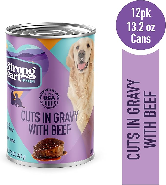 A Strong Heart Wet Dog Food, Cuts in Gravy with Beef - 13.2 oz Cans (Pack of 12), Made in The USA with Real Beef