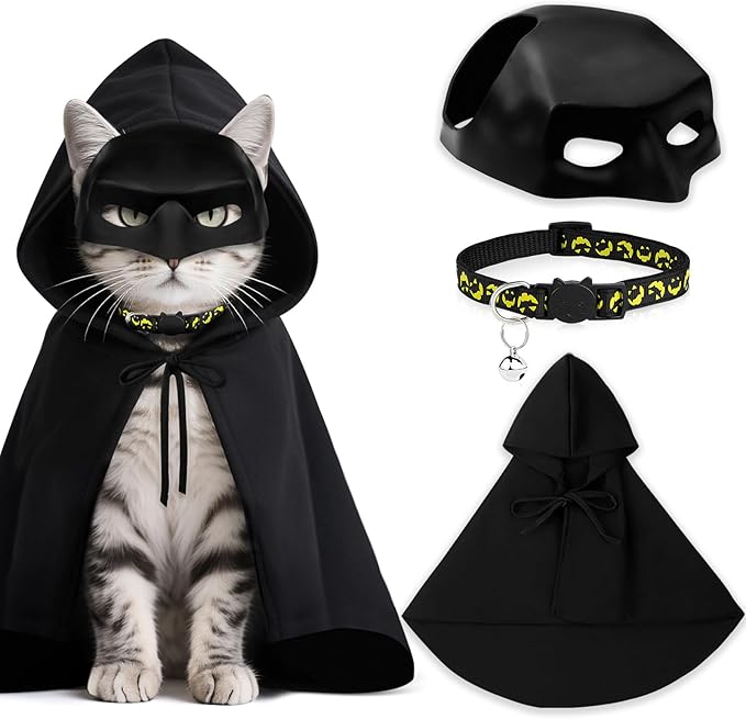 3 PCS Cat Bat Mask Halloween Costumes Accessories Bat Mask Cloak and Halloween Cat Collar Pet Costumes Clothes for Cats, Bat Cat Cosplay Apparel