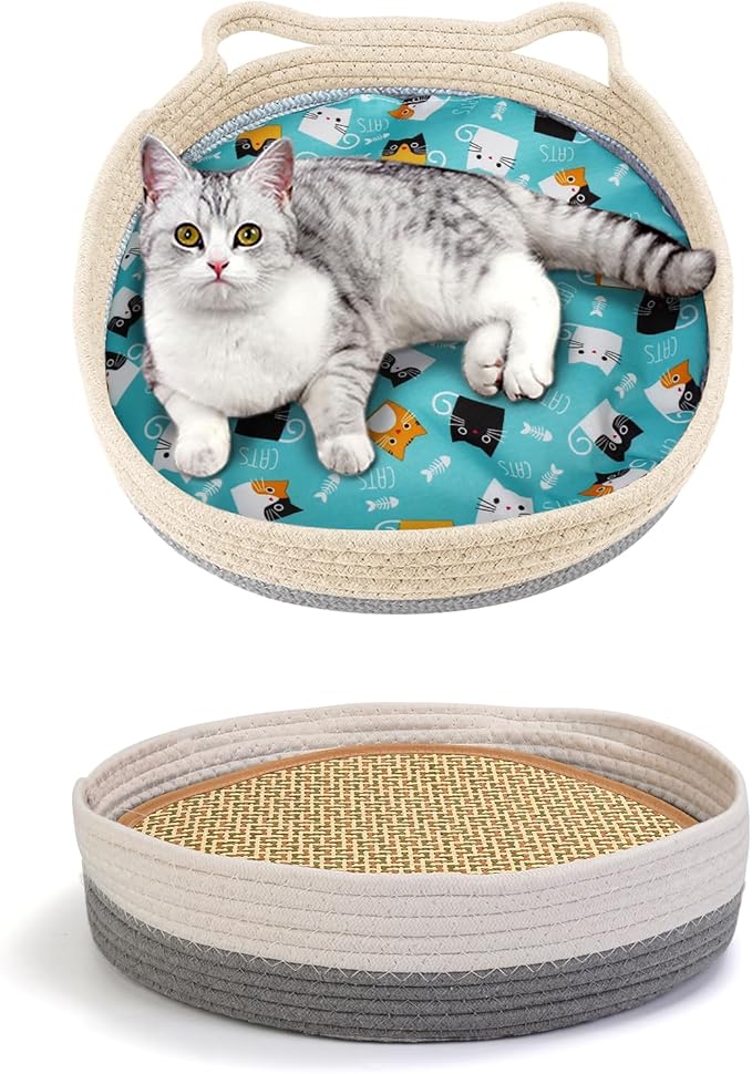 Round Cat Bed for Indoor Cats, Cat Basket Bed, Wicker Cat Donut Beds, Cooling Cat Nest for Summer Sleeping, Washable Pet Pad for Cat Scratching,Grey with Scratching Pad