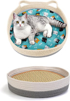 Round Cat Bed for Indoor Cats, Cat Basket Bed, Wicker Cat Donut Beds, Cooling Cat Nest for Summer Sleeping, Washable Pet Pad for Cat Scratching,Grey with Scratching Pad