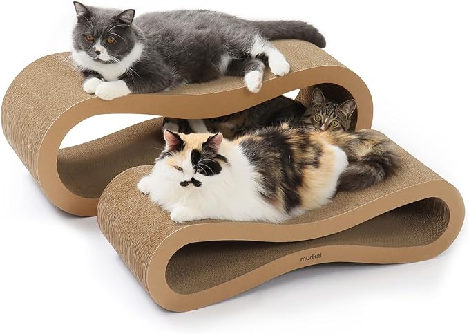 Modkat® Premium 2 Cat Scratcher Set. Large (30L X 10.6H in.) and Small (26.6L X 7H in.) Sizes. Scratch, Play Lounge. High-Grade Cardboard, 100% Recyclable, Reversible.