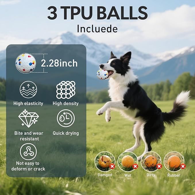 Automatic Ball Launcher for Dogs - Dog Ball Thrower Launcher with 3 Etpu Sphere, 3 Adjustable Distances (20ft/33ft/46ft), Interactive Thrower Machine, Mental Stimulation Dog Toys