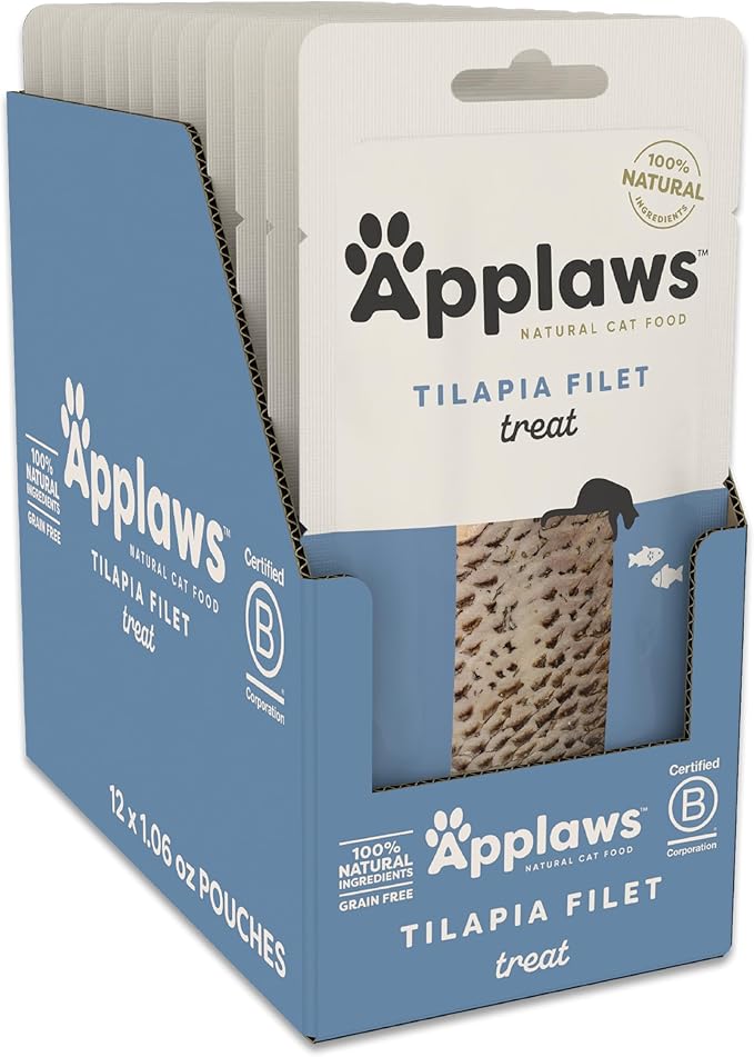 Applaws Natural Cat Treats, Grain-Free, Single Ingredient, Whole Protein Fillet, Healthy Snacks with No Artificial Additives (12 x 1.06oz Whole Tilapia Loin)