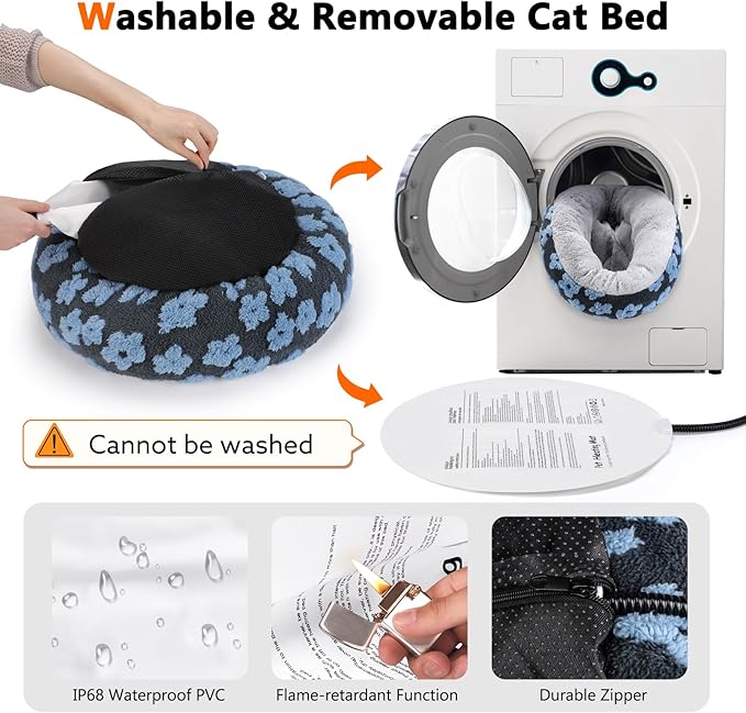 INVENHO Heated Cat Bed, Heated Cat Beds for Indoor Cats and Small Dogs, 20" Cozy Donut Heated Pet Bed with Timer & Temp Adjustable, Removable Waterproof Electric Warming Bed for Indoor Cat