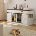 Large Dog Crate Furniture - Wooden Indoor Dog Kennel Furniture for 2 Dogs with Sliding Barn Door and Removable Divider, Heavy Duty Dog Crate Table, 63" L x 23.6" W x 31.5" H, White
